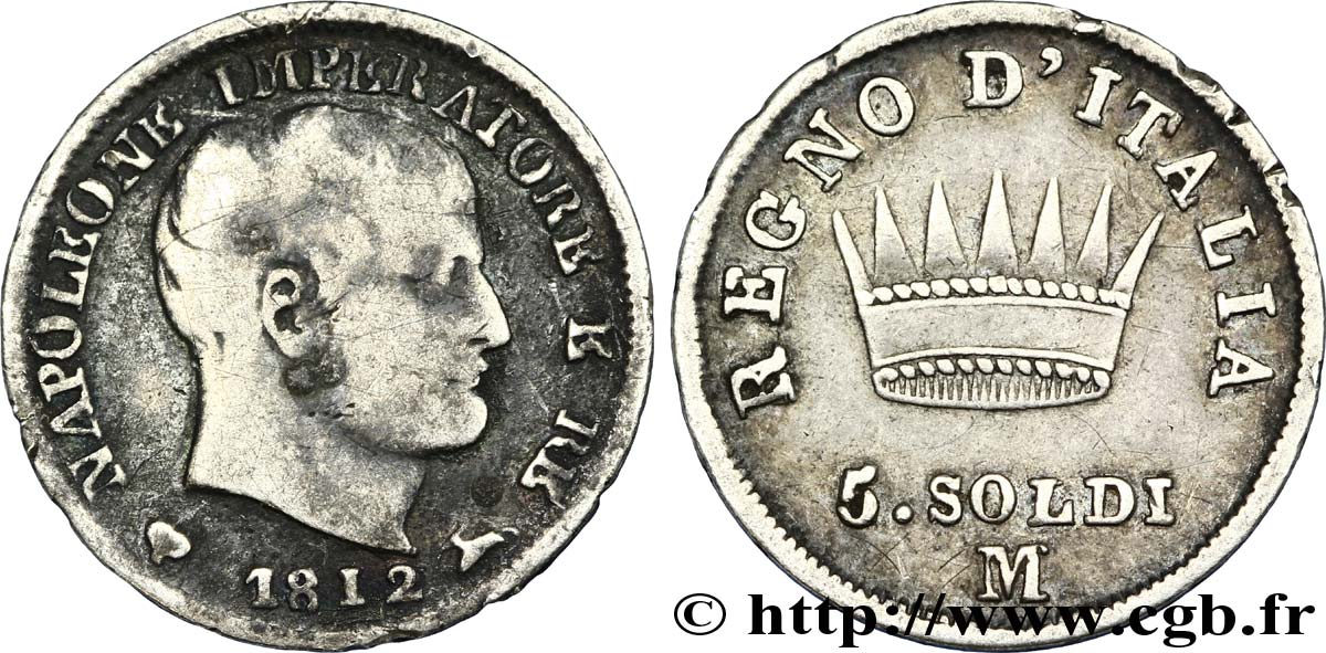 5 soldi Napoléon Empereur et Roi d’Italie 1812 Milan M.283  MB25 