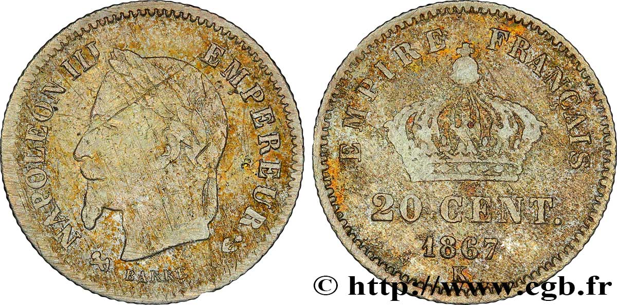 20 centimes Napoléon III, tête laurée, grand module 1867 Bordeaux F.150/3 B10 