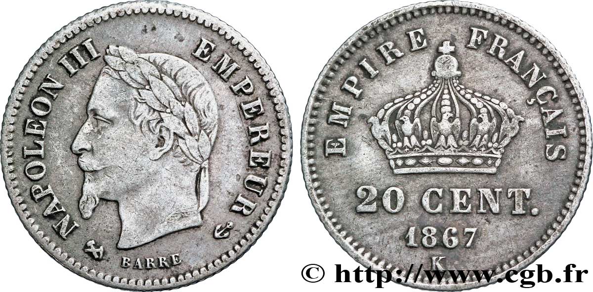 20 centimes Napoléon III, tête laurée, grand module 1867 Bordeaux F.150/3 TB30 
