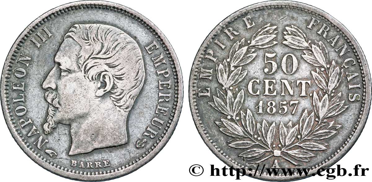 50 centimes Napoléon III, tête nue 1857 Paris F.187/8 XF40 