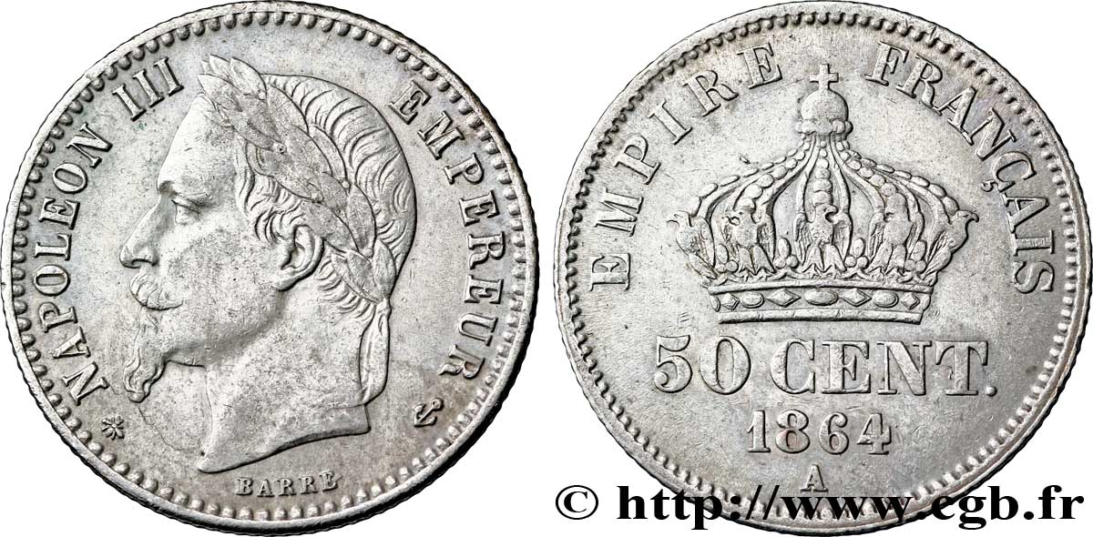 50 centimes Napoléon III, tête laurée 1864 Paris F.188/2 TTB50 