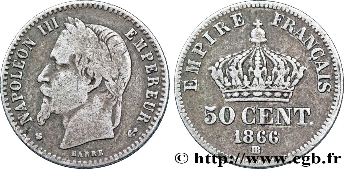 50 centimes Napoléon III, tête laurée 1866 Strasbourg F.188/10 BC20 