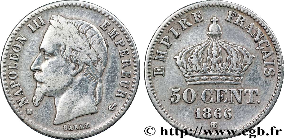 50 centimes Napoléon III, tête laurée 1866 Strasbourg F.188/10 TB30 