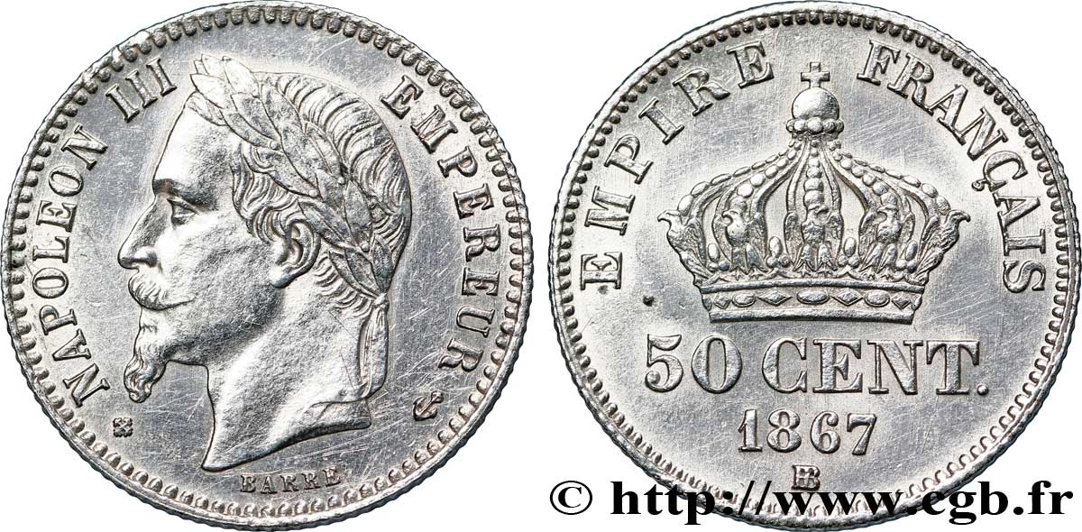 50 centimes Napoléon III, tête laurée 1867 Strasbourg F.188/15 SUP 