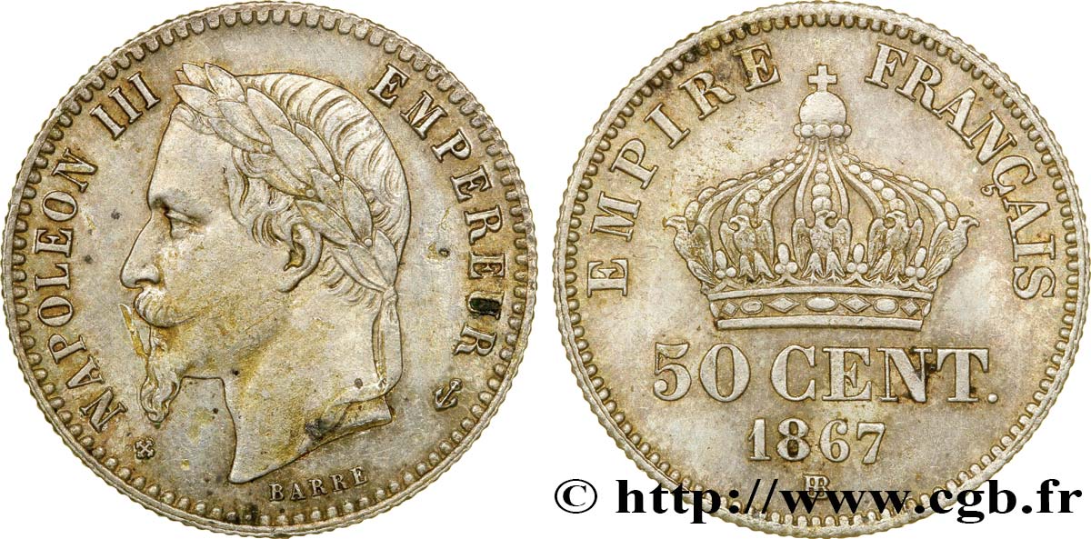 50 centimes Napoléon III, tête laurée 1867 Strasbourg F.188/15 VZ58 