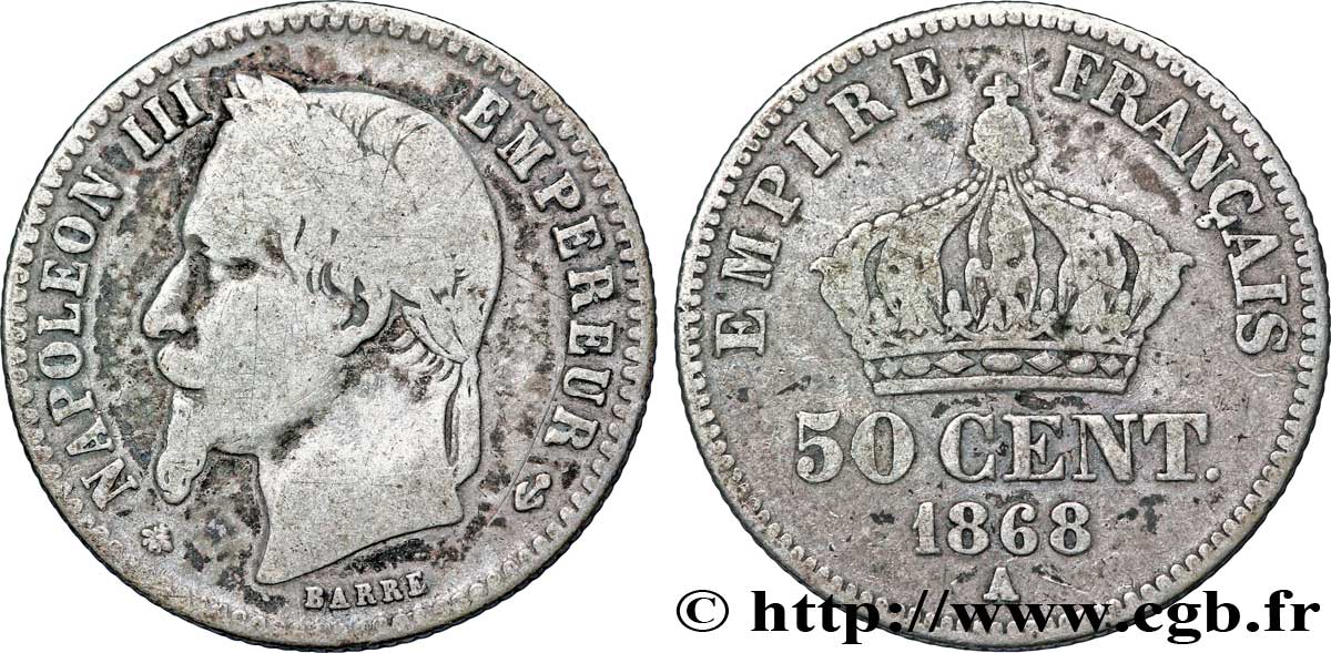50 centimes Napoléon III, tête laurée 1868 Paris F.188/20 B12 