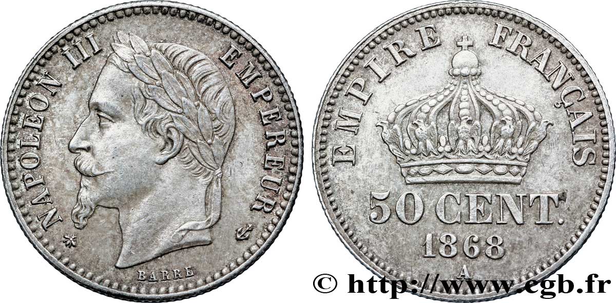 50 centimes Napoléon III, tête laurée 1868 Paris F.188/20 AU58 