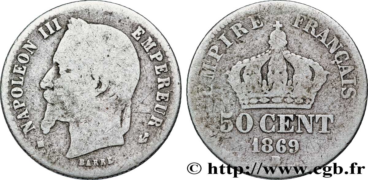 50 centimes Napoléon III, tête laurée 1869 Strasbourg F.188/23 VG10 