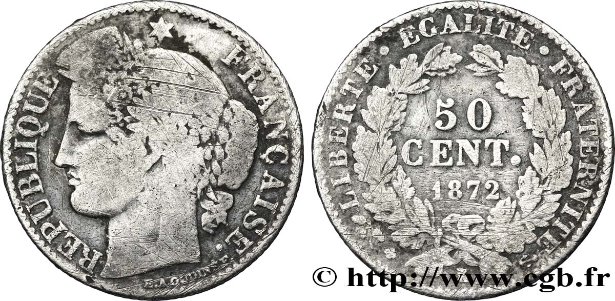50 centimes Cérès, IIIe République 1872 Bordeaux F.189/4 F15 