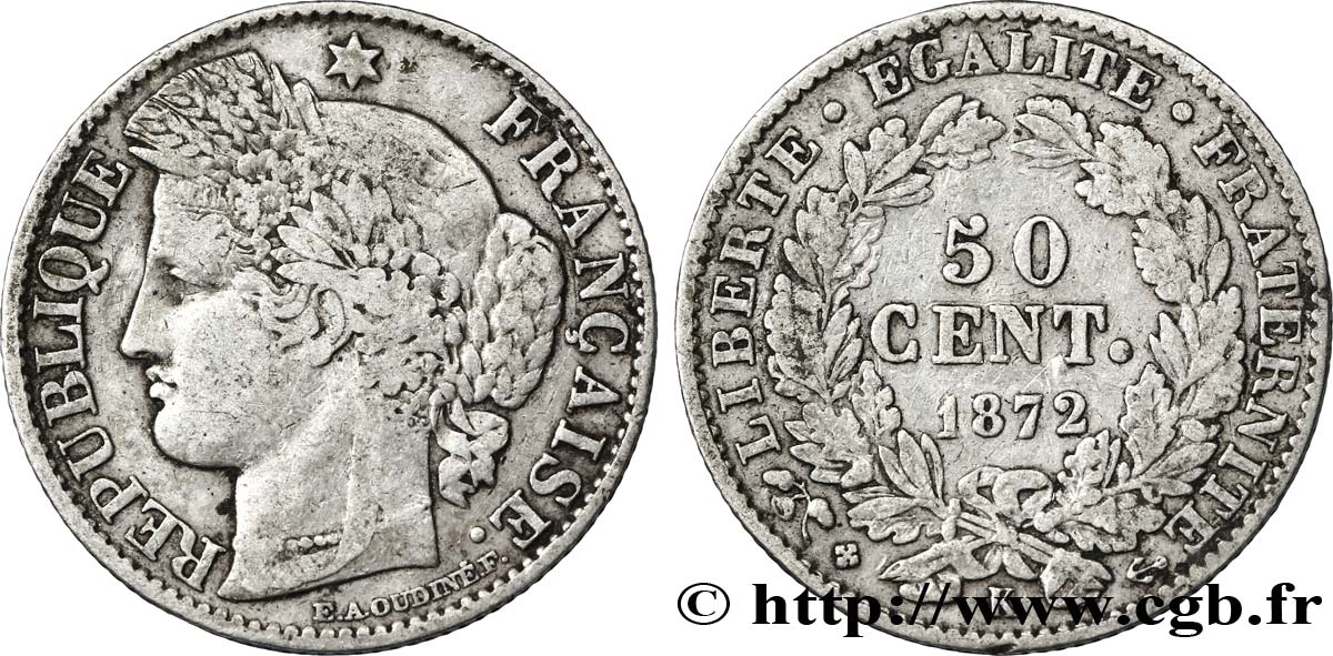 50 centimes Cérès, IIIe République 1872 Bordeaux F.189/4 XF40 