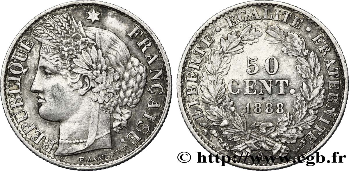 50 centimes Cérès, IIIe République 1888 Paris F.189/13 TTB50 