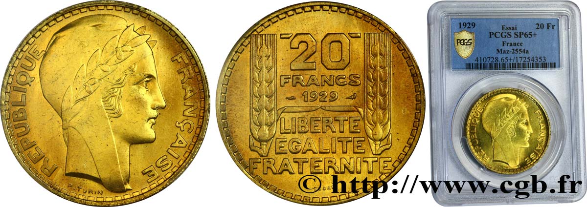 Essai de 20 francs Turin en bronze-aluminium 1929 Paris GEM.199 5 MS65 PCGS