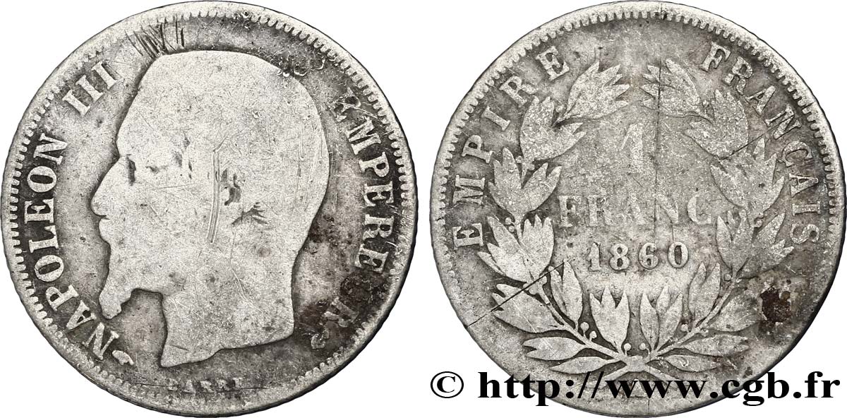 1 franc Napoléon III, tête nue, différent main 1860 Paris F.214/14 SGE8 