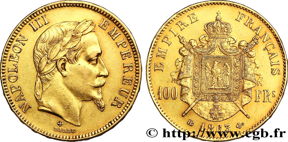 100 francs or Napoléon III, tête laurée 1863 Strasbourg F.551/3 MBC48 