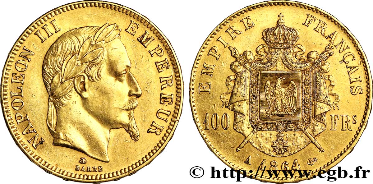 100 francs or Napoléon III, tête laurée 1864 Paris F.551/4 SS50 