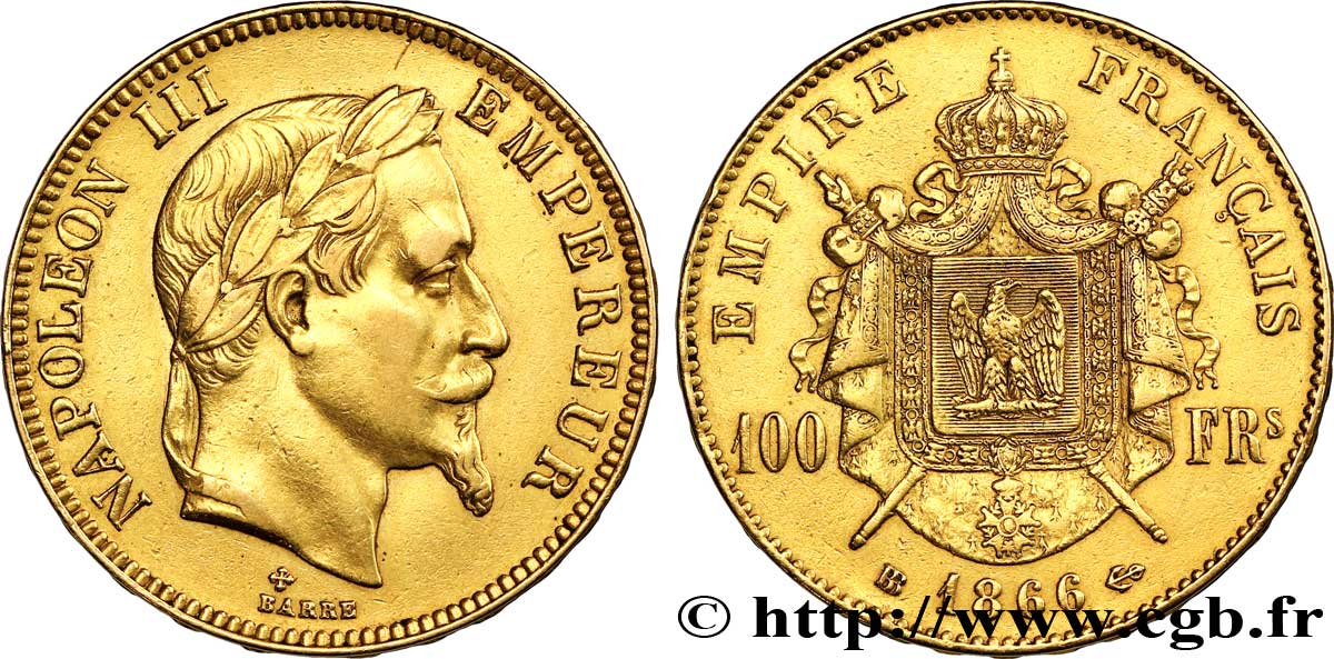 100 francs or Napoléon III, tête laurée 1866 Strasbourg F.551/7 XF45 
