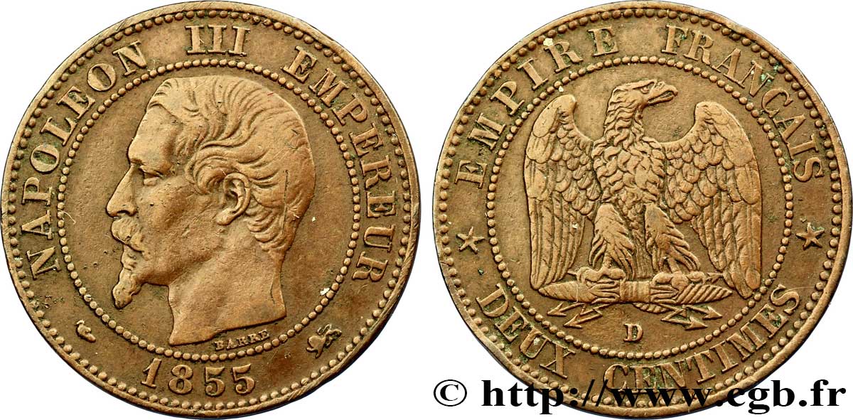 Deux centimes Napoléon III, tête nue 1855 Lyon F.107/29 TTB45 