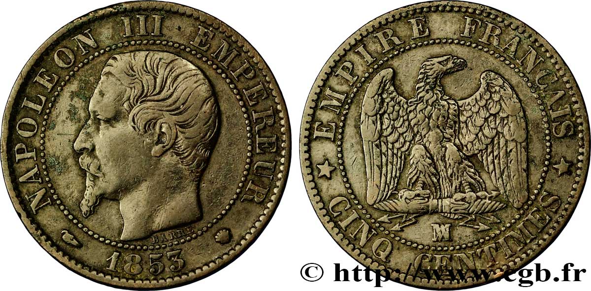 Cinq centimes Napoléon III, tête nue 1853 Marseille F.116/6 TTB45 