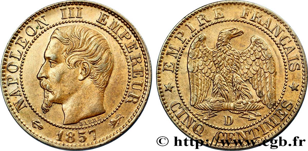 Cinq centimes Napoléon III, tête nue 1857 Lyon F.116/40 AU50 