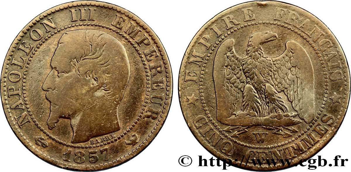 Cinq centimes Napoléon III, tête nue 1857 Lille F.116/43 S15 
