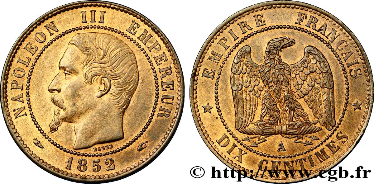Dix centimes Napoléon III, tête nue 1852 Paris F.133/1 SUP61 