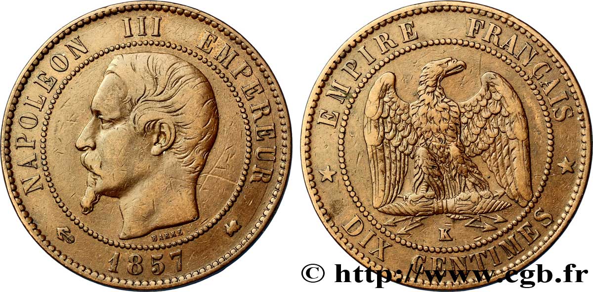 Dix centimes Napoléon III, tête nue 1857 Bordeaux F.133/44 TTB40 