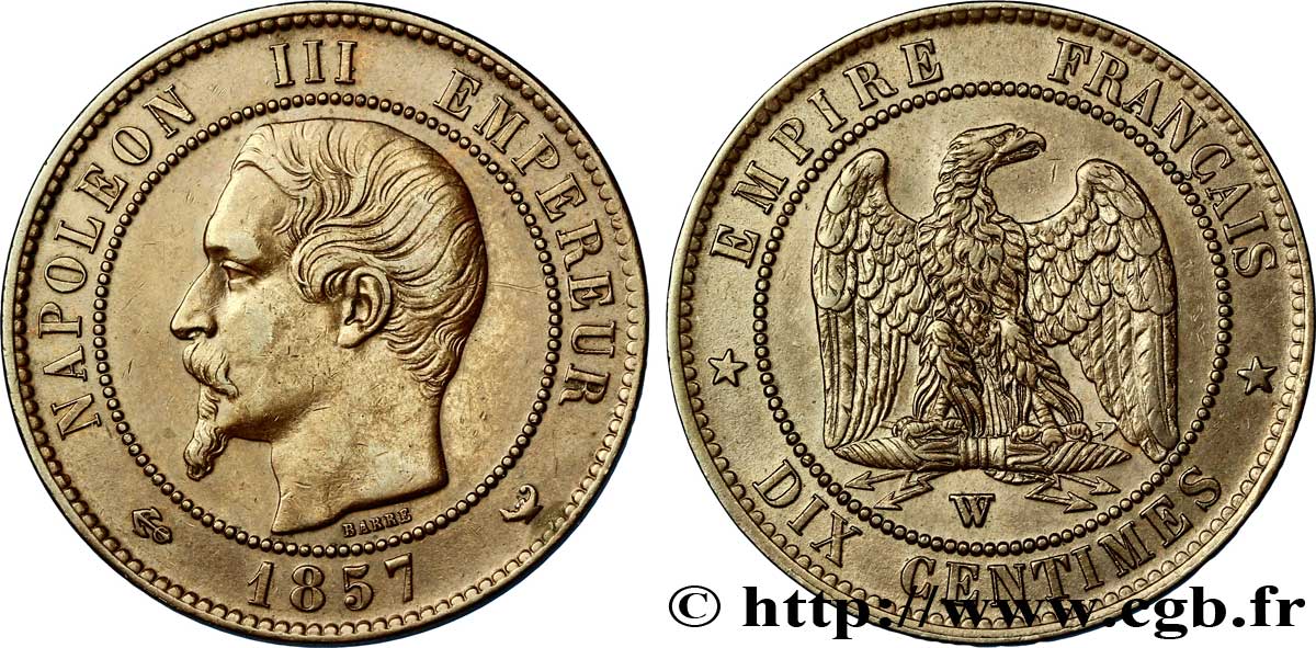 Dix centimes Napoléon III, tête nue 1857 Lille F.133/46 TTB48 