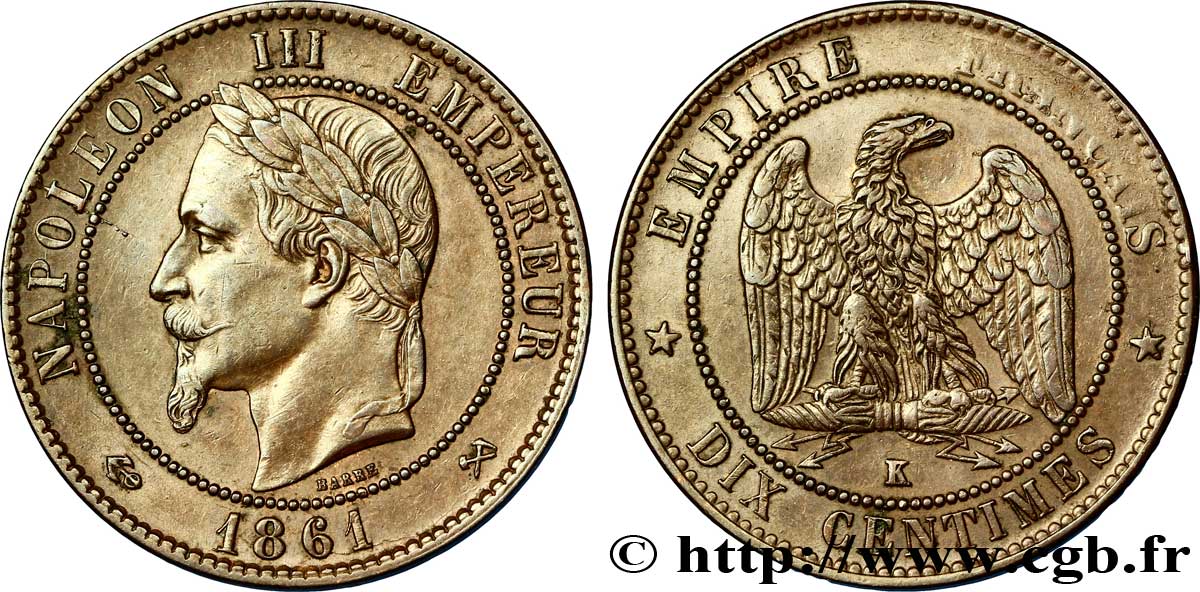 Dix centimes Napoléon III, tête laurée 1861 Bordeaux F.134/6 TTB48 