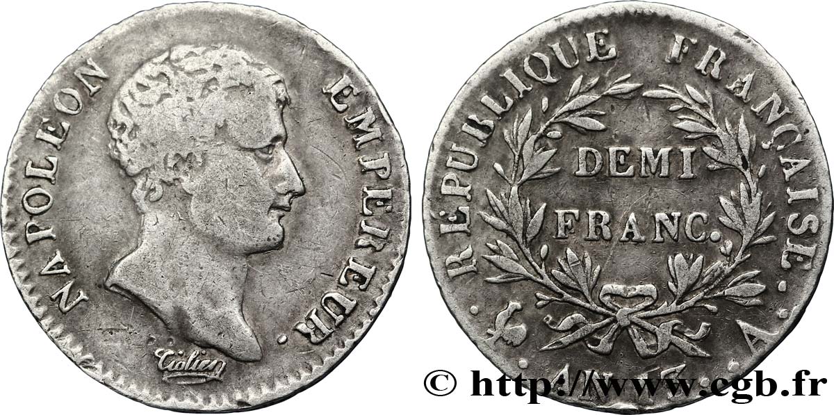 Demi-franc Napoléon Empereur, Calendrier révolutionnaire 1805 Paris F.174/10 MB28 