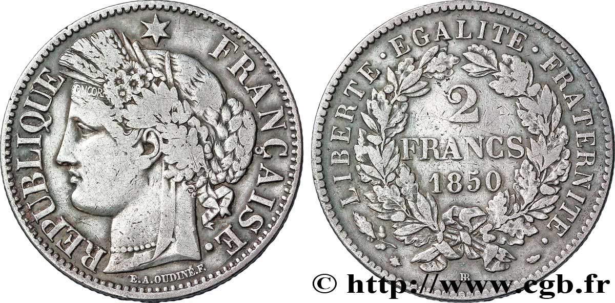 2 francs Cérès, IIe République 1850  Strasbourg F.261/5 VF30 