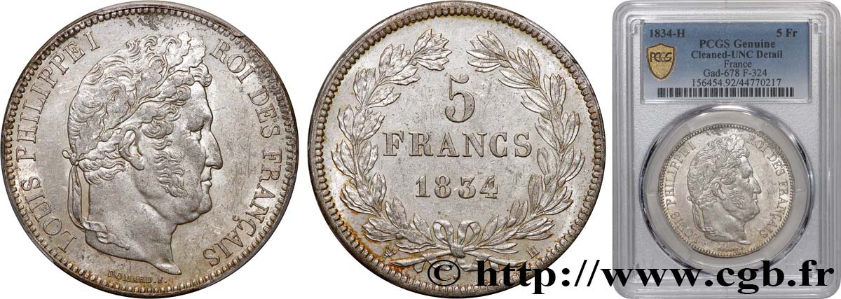 5 francs IIe type Domard 1834 La Rochelle F.324/33 MS PCGS
