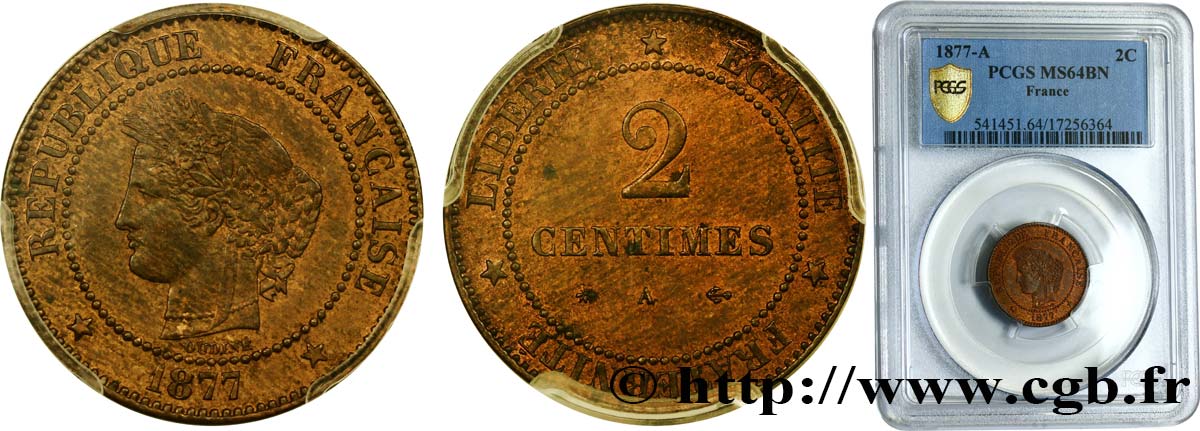 2 centimes Cérès 1877 Paris F.109/2 fST64 PCGS