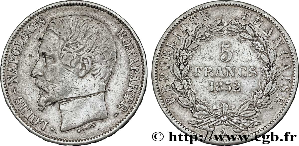 5 francs Louis-Napoléon, 1er type 1852 Paris F.329/1 var. TB35 