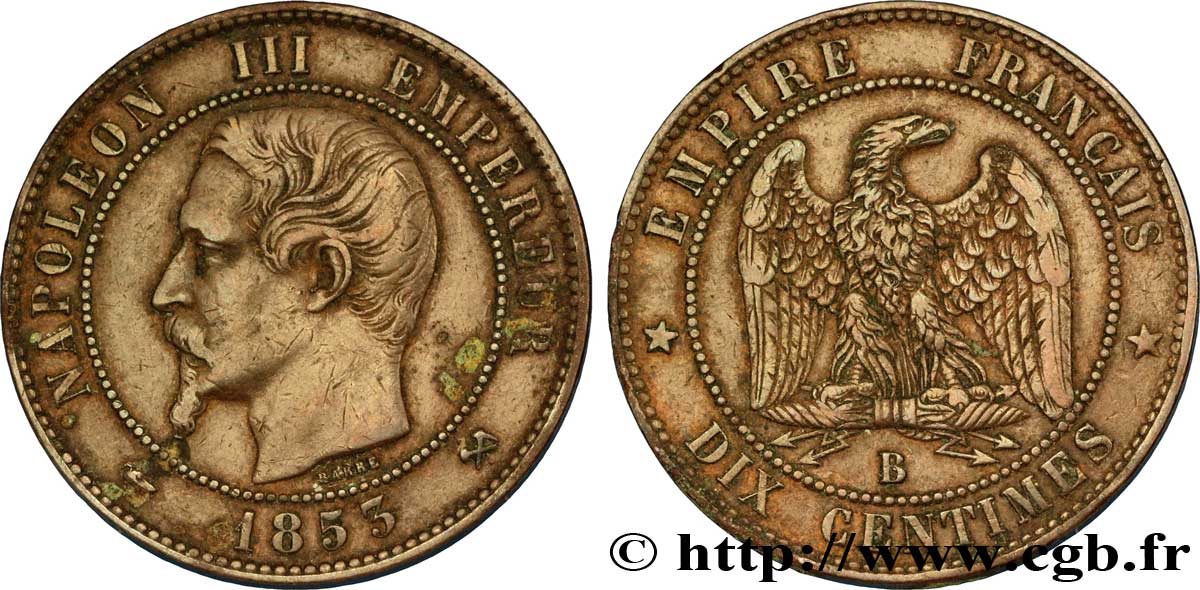 Dix centimes Napoléon III, tête nue 1853 Rouen F.133/3 TTB45 