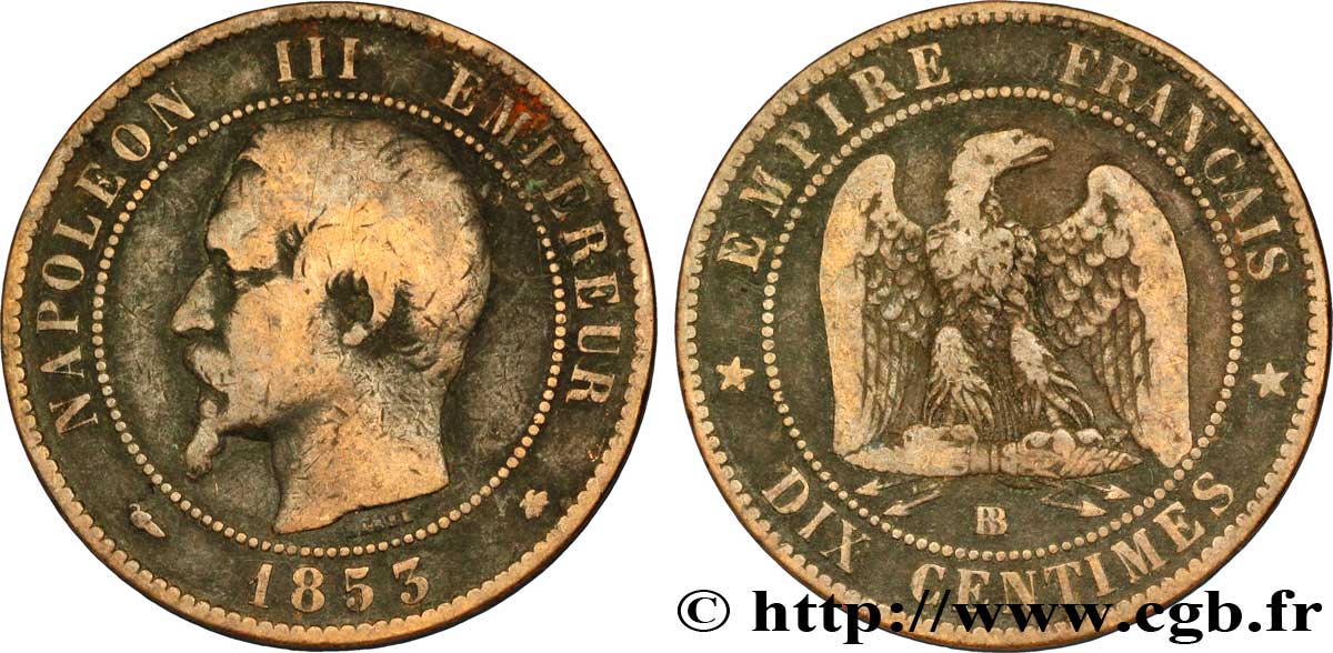 Dix centimes Napoléon III, tête nue 1853 Strasbourg F.133/4 TB20 