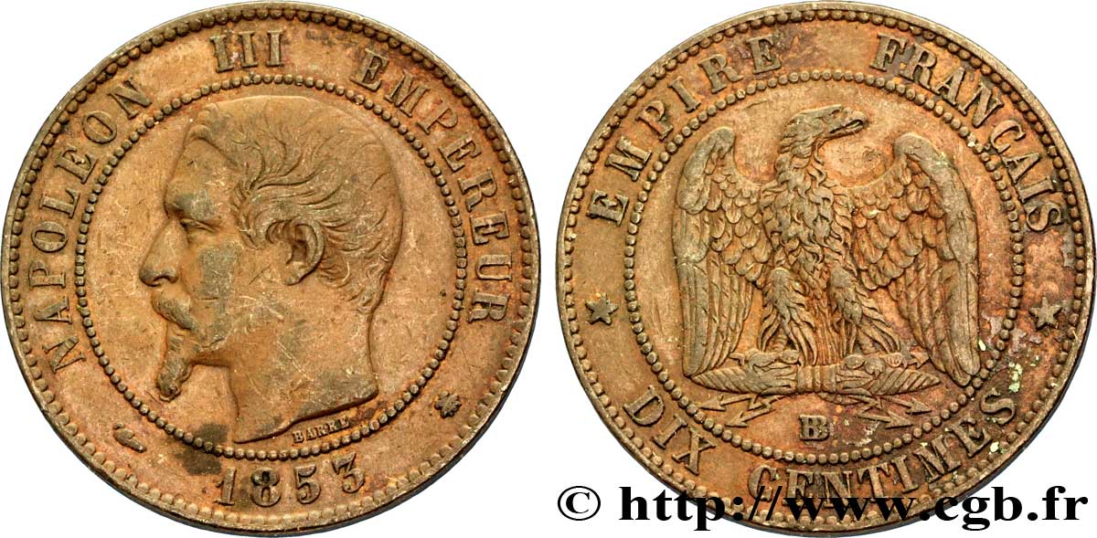 Dix centimes Napoléon III, tête nue 1853 Strasbourg F.133/4 TTB45 