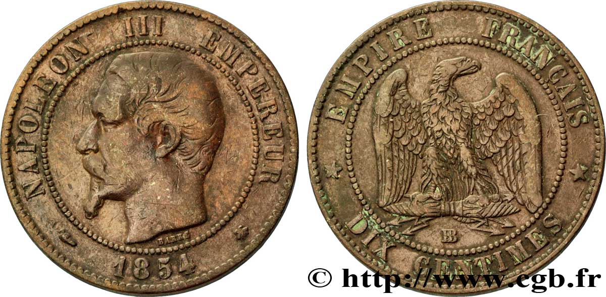 Dix centimes Napoléon III, tête nue 1854 Strasbourg F.133/13 TTB40 