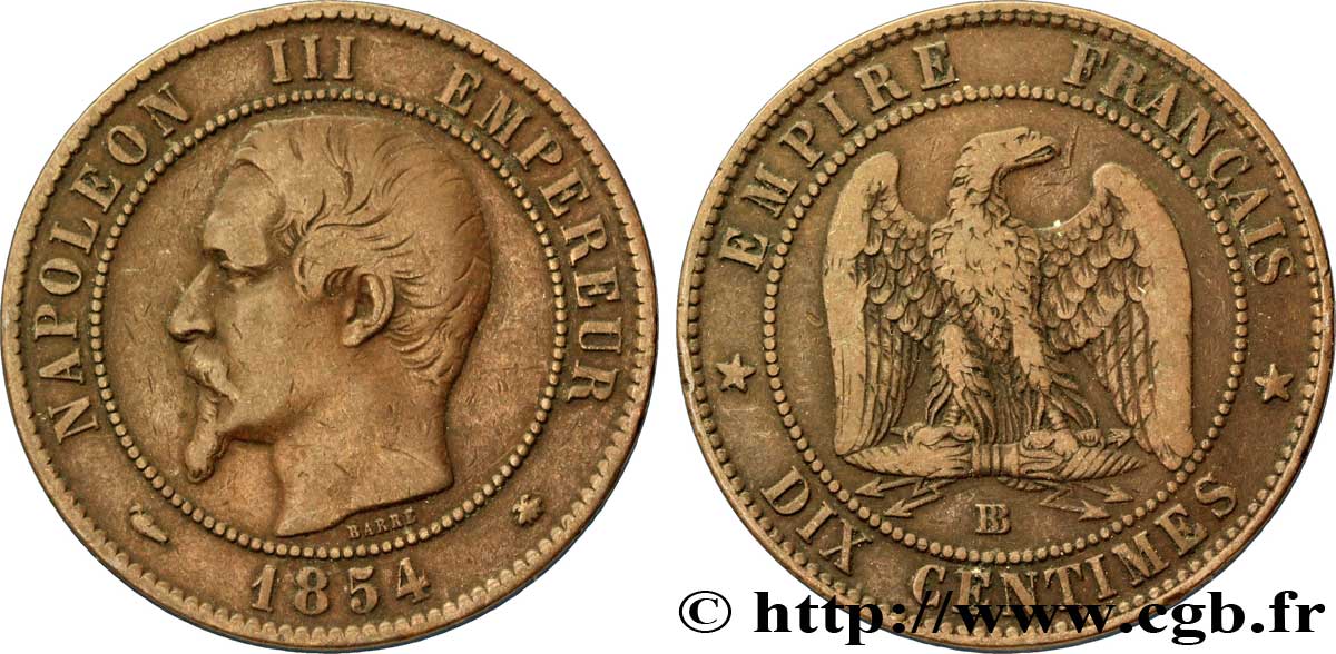 Dix centimes Napoléon III, tête nue 1854 Strasbourg F.133/13 TB35 