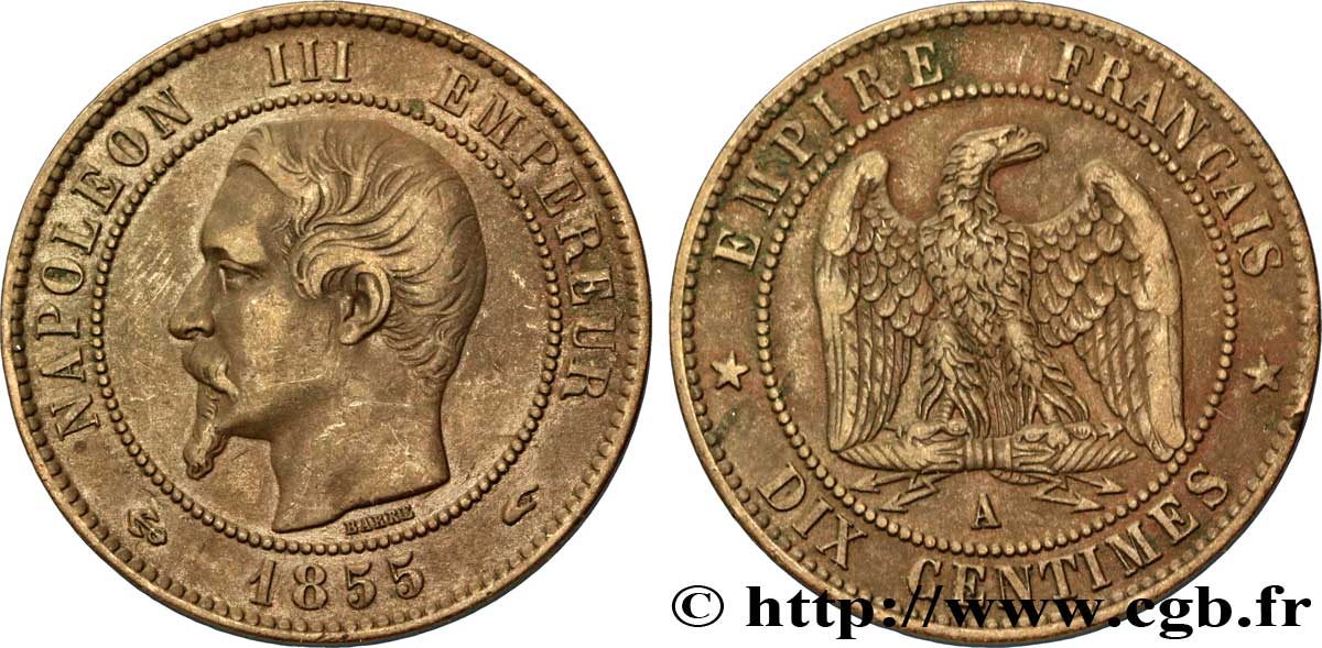 Dix centimes Napoléon III, tête nue 1855 Paris F.133/20 XF48 