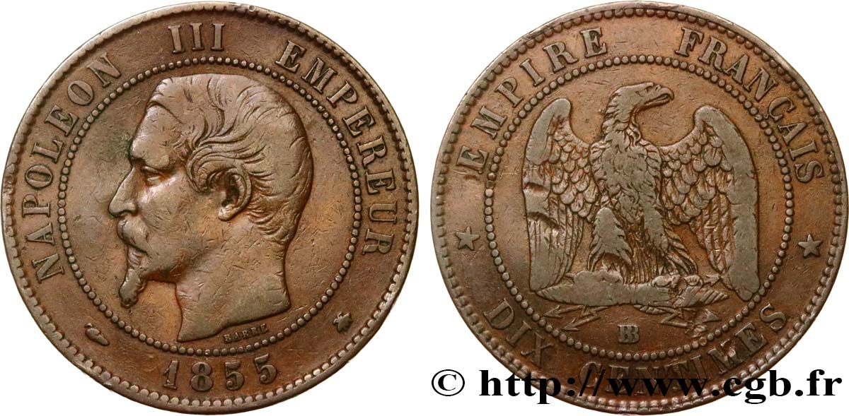 Dix centimes Napoléon III, tête nue 1855 Strasbourg F.133/23 MB30 