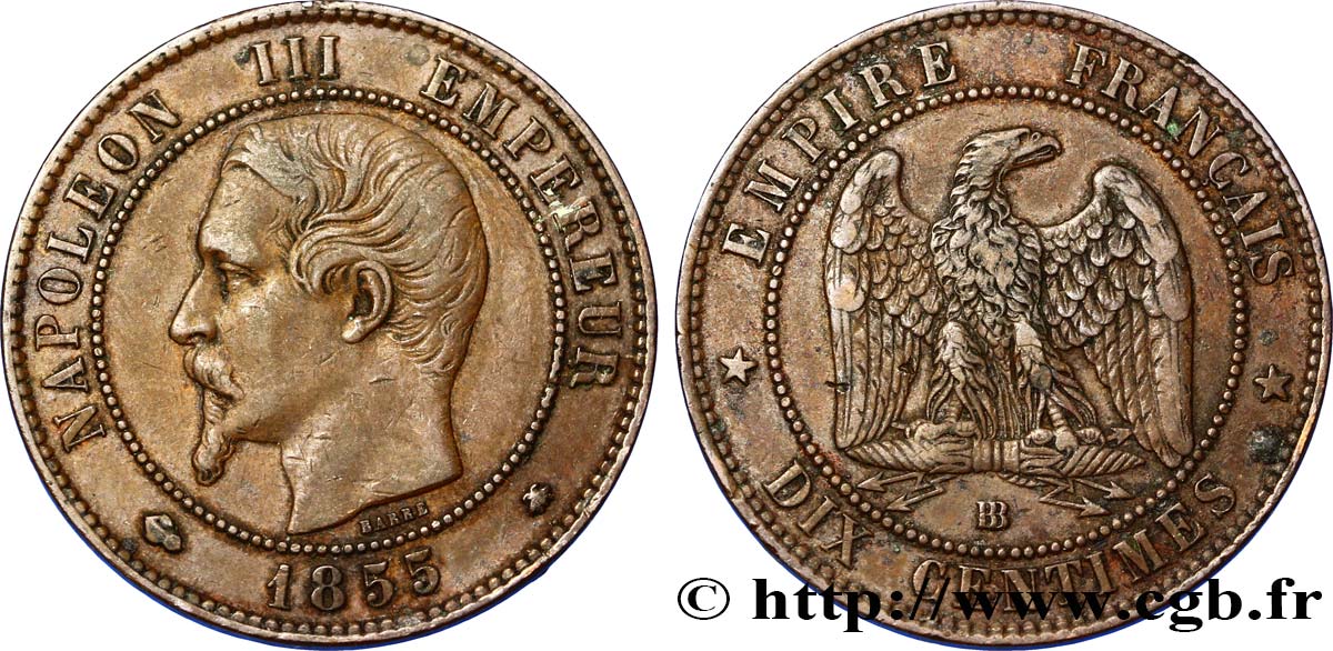 Dix centimes Napoléon III, tête nue 1855 Strasbourg F.133/24 TTB48 