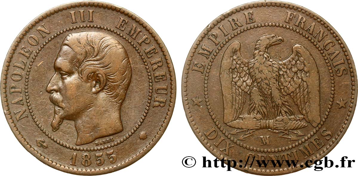 Dix centimes Napoléon III, tête nue 1855 Marseille F.133/31 BC35 