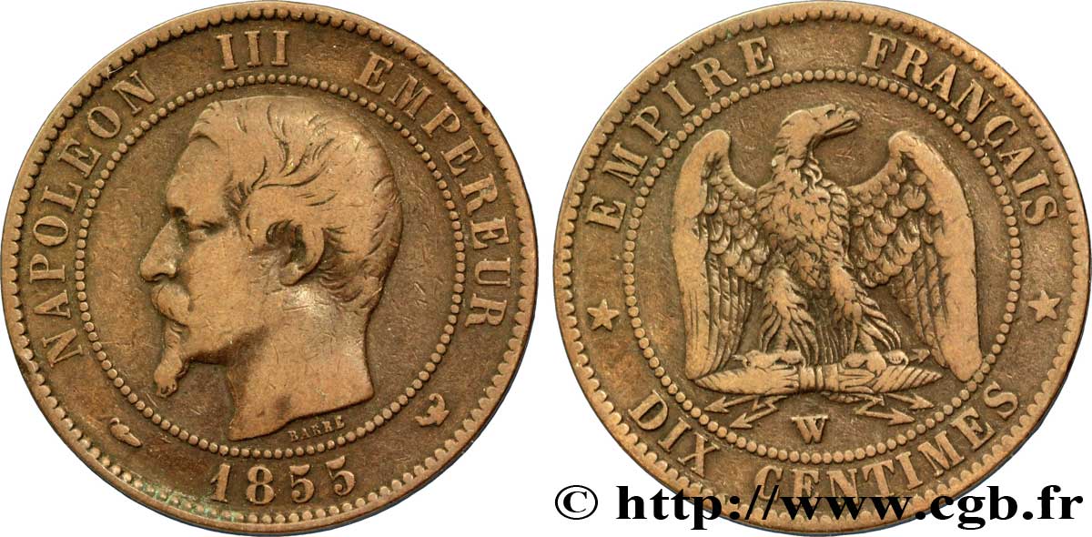 Dix centimes Napoléon III, tête nue 1855 Lille F.133/32 TB35 