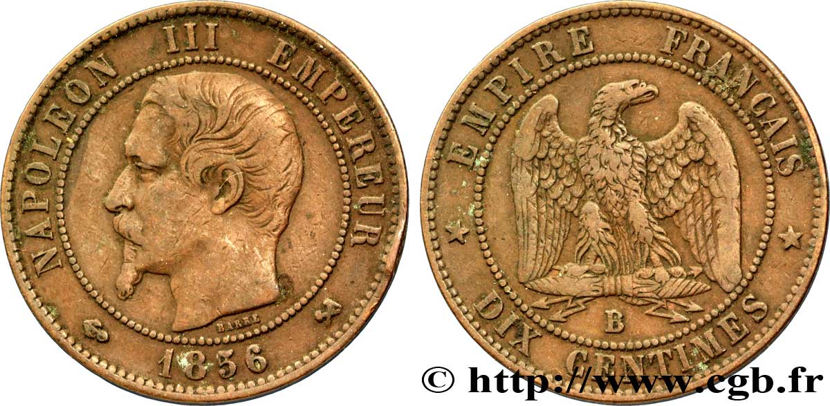 Dix centimes Napoléon III, tête nue 1856 Rouen F.133/35 TTB40 