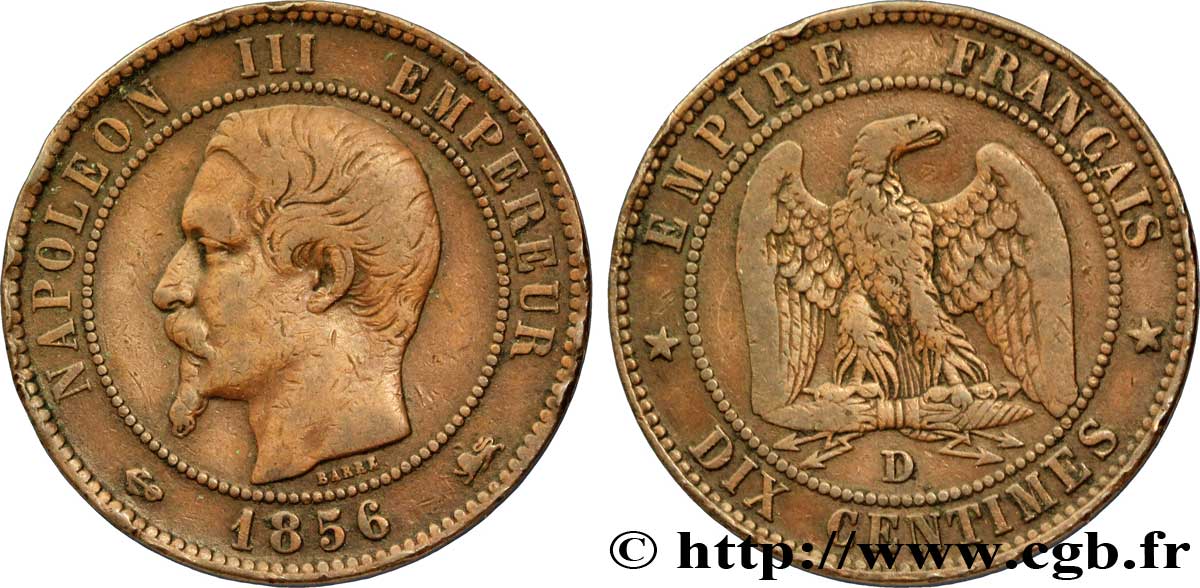 Dix centimes Napoléon III, tête nue 1856 Lyon F.133/37 TB35 