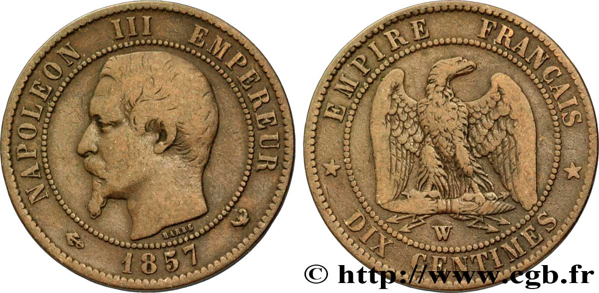 Dix centimes Napoléon III, tête nue 1857 Lille F.133/46 TB20 
