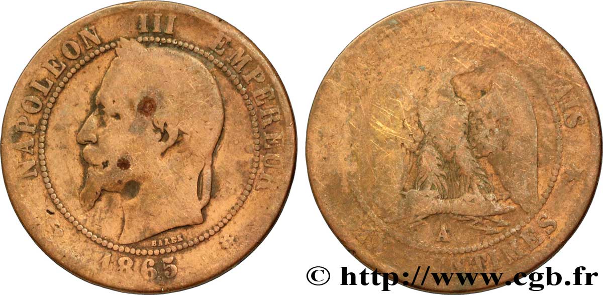 Dix centimes Napoléon III, tête laurée 1865 Paris F.134/16 RC6 