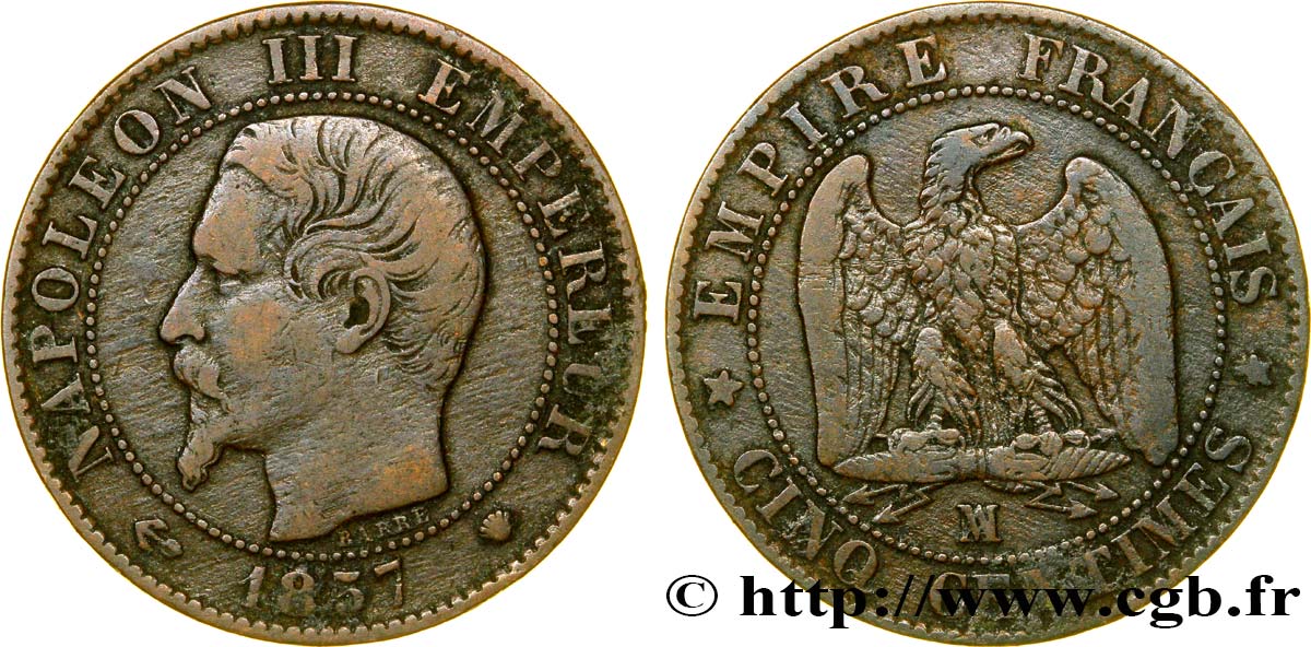 Cinq centimes Napoléon III, tête nue 1857 Marseille F.116/42 BC35 