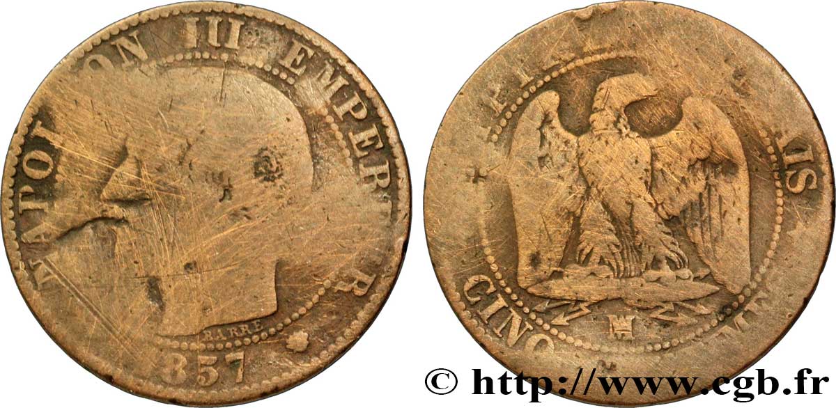 Cinq centimes Napoléon III, tête nue 1857 Marseille F.116/42 SGE6 