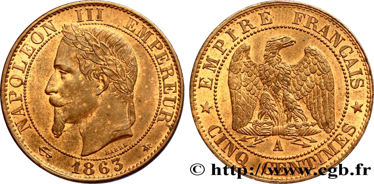 Cinq centimes Napoléon III, tête laurée 1863 Paris F.117/10 SUP58 